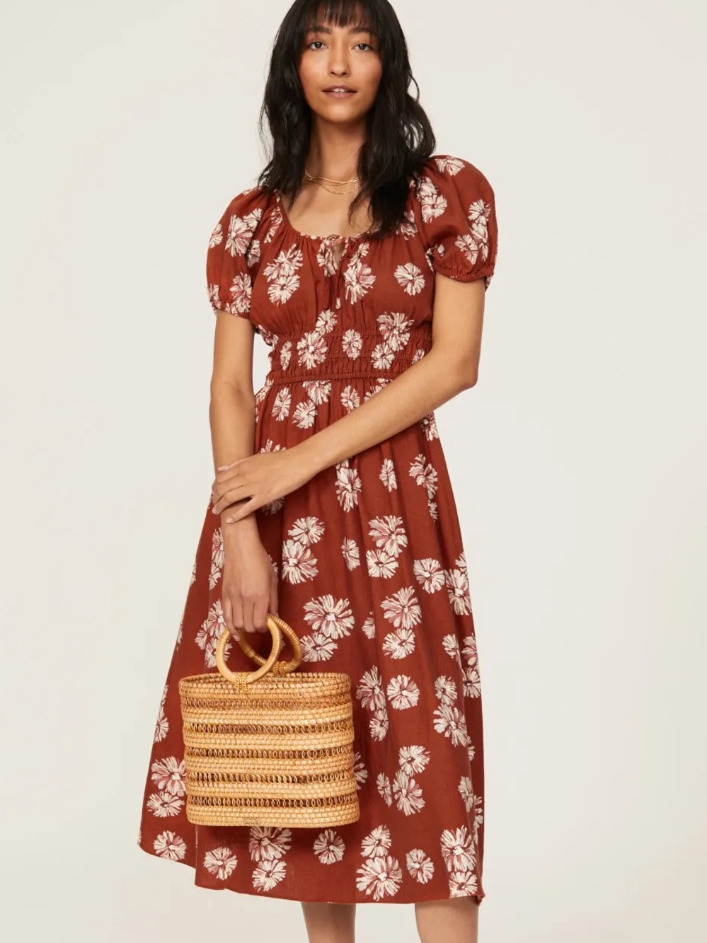 Madewell Rust Floral Midi Dress with Cream Print
